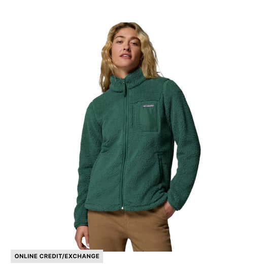 Green full-zip fleece jacket with stand collar, chest pocket, and long sleeves