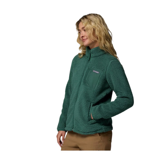 Green sherpa fleece zip-up jacket with chest pocket and hand pockets