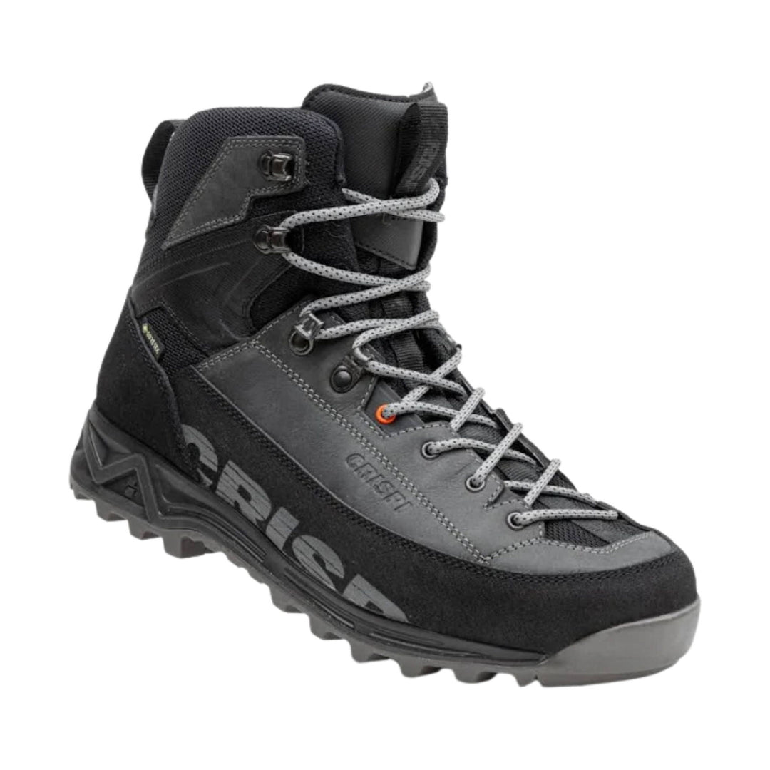 Black and gray lace-up hiking boot with rugged tread and tall padded ankle collar