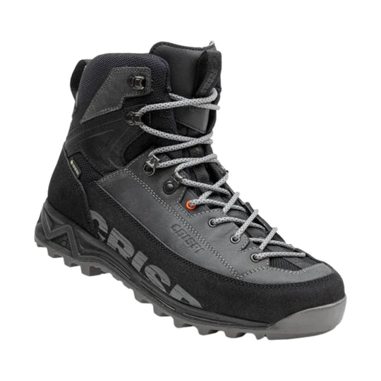 Black and gray lace-up hiking boot with rugged tread and tall padded ankle collar