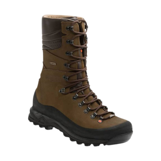 Brown tall hiking boot with black sole, brown laces, and metal eyelets