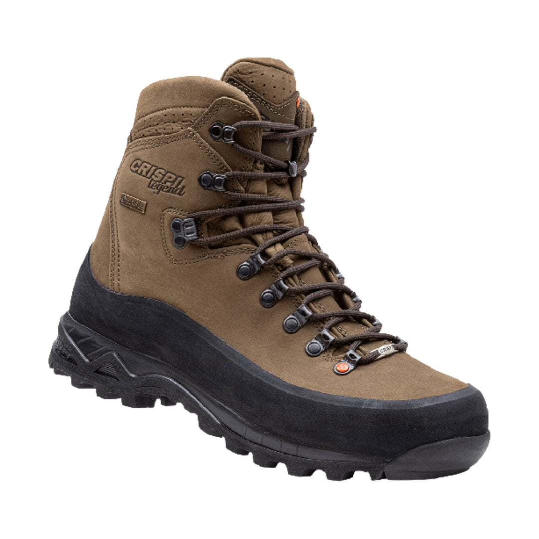 Brown and black lace-up hiking boot with a waterproof-style upper and rugged lug sole