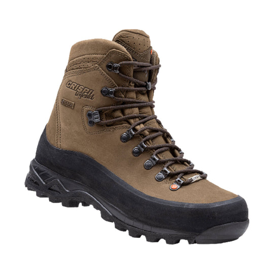 Brown and black lace-up hiking boot with a waterproof-style upper and rugged lug sole