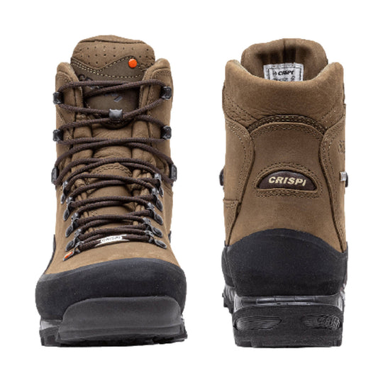 Brown leather hiking boots shown front and back, with dark laces, black toe caps, and visible CRISPI branding