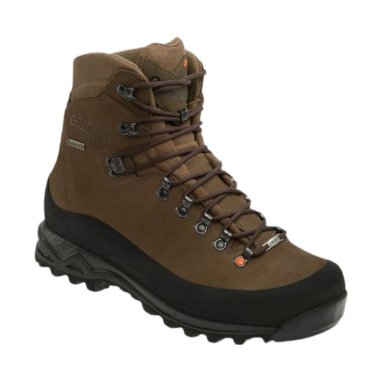 Brown lace-up hiking boot with black rubber toe cap and lugged sole