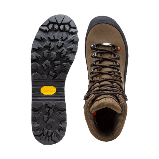 Brown hiking boot shown from the top and outsole, with black lugged sole and round lacing hardware
