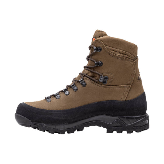 Brown leather hiking boot with black rubber sole and metal lace hooks