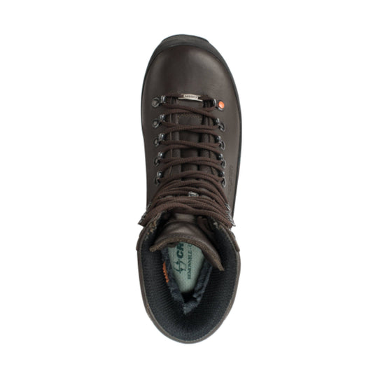 Brown leather hiking boot with black padded collar, round laces, and metal eyelets, top view