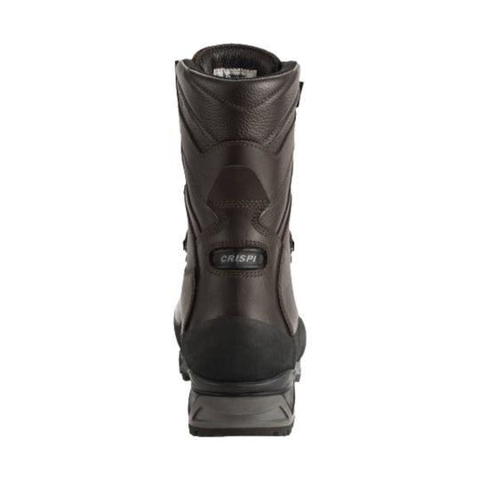 Brown leather hiking boot shown from the back, with a black heel cap and visible CRISPI logo