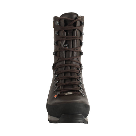 Brown leather hiking boot shown from the front with brown laces and a black rubber toe cap.