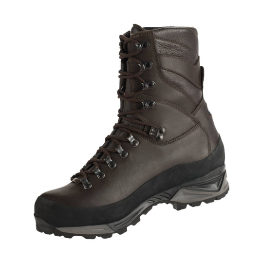 Brown lace-up hiking boot with black rubber toe cap and rugged lug sole