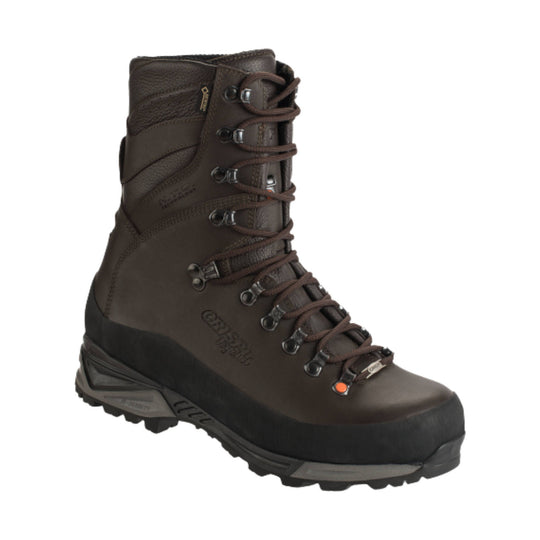 Brown lace-up hiking boot with a high ankle, metal eyelets, and black rubber toe and heel guard