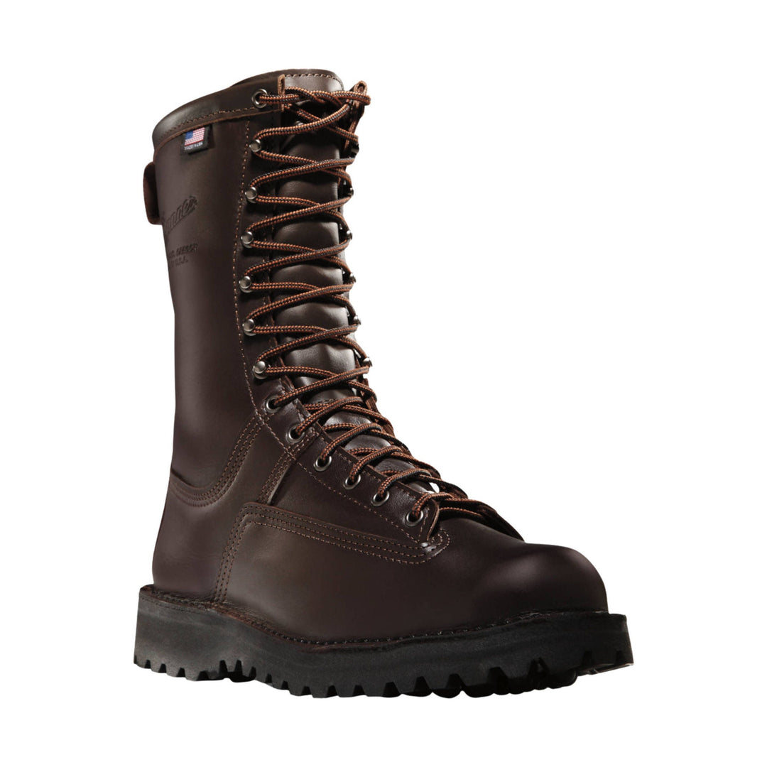 Dark brown lace-up hunting boot with tall shaft, metal eyelets, and thick lug sole