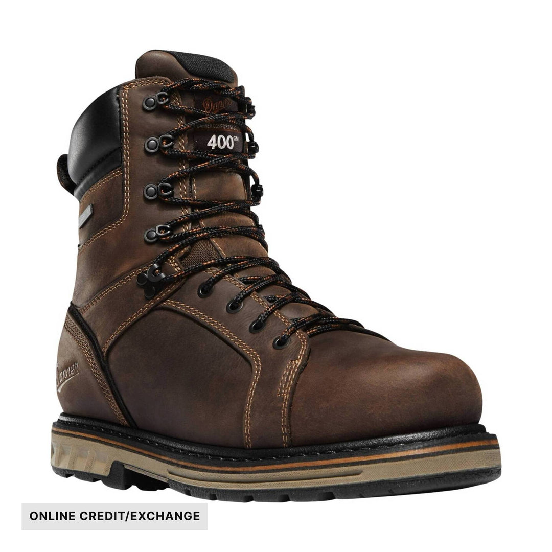 Brown leather lace-up work boot with a rounded toe and rugged lug sole, shown in side view