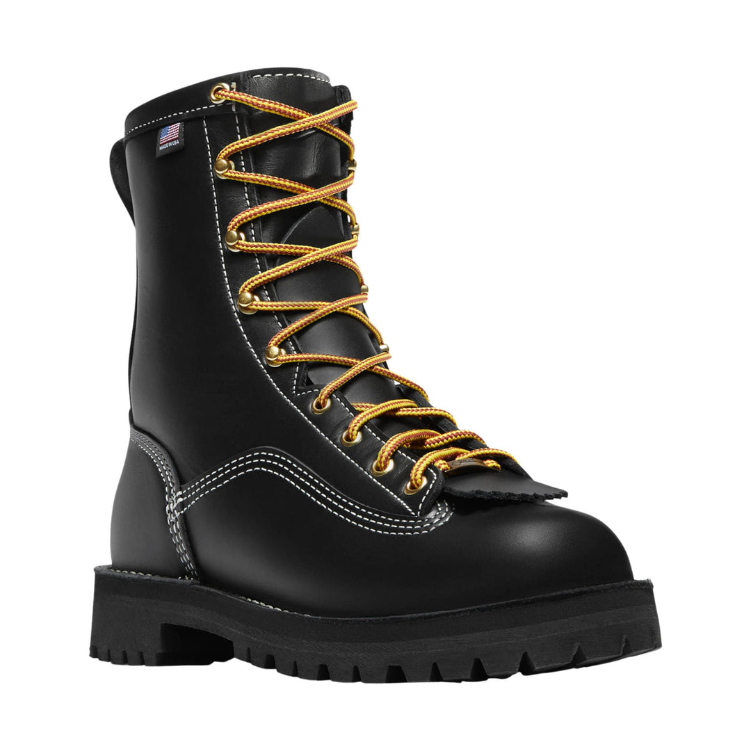 Black lace-up work boot with yellow-and-red laces and thick tread sole