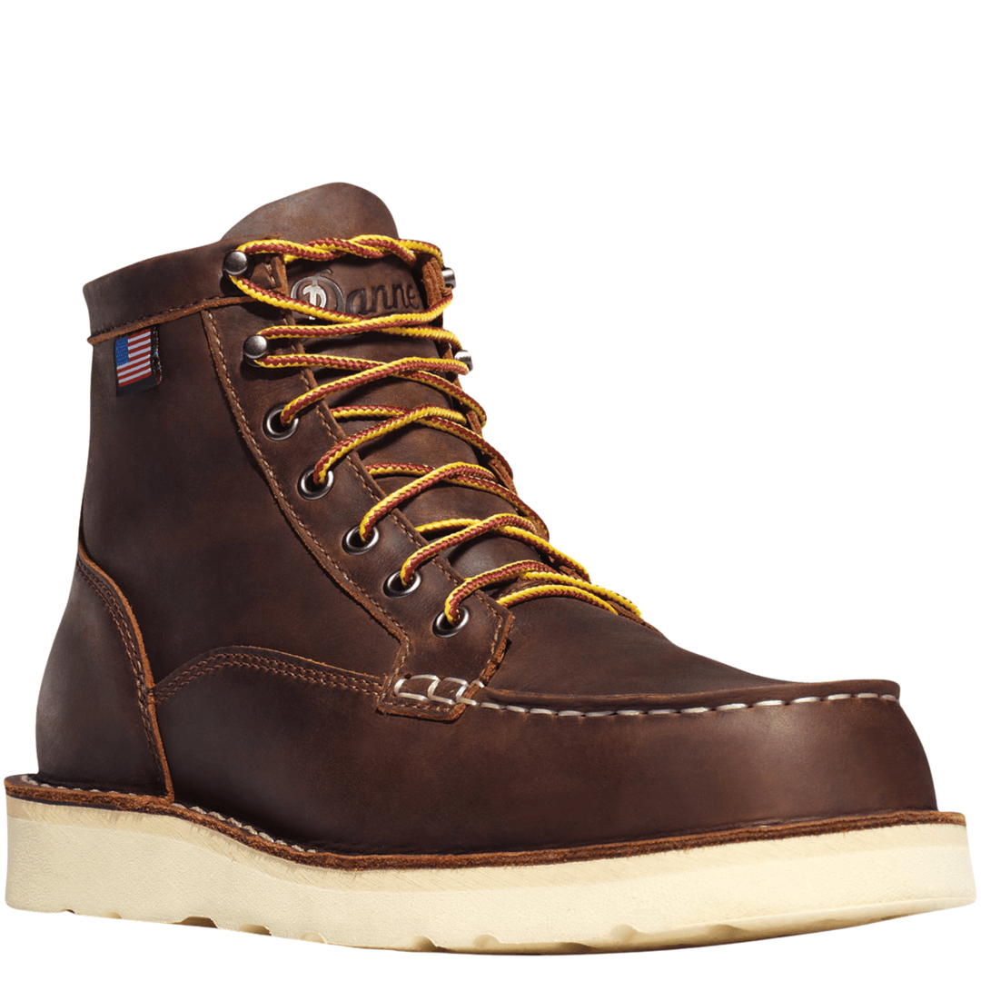 Brown leather lace-up work boot with a thick light-colored sole and yellow-red laces