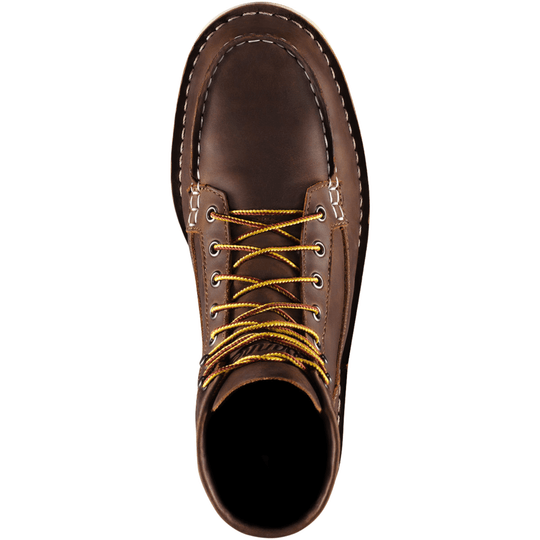 Brown leather lace-up work boot seen from above