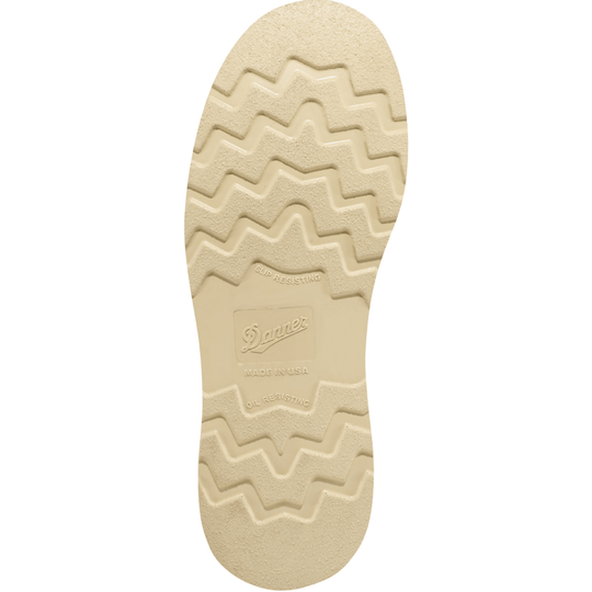 Beige work boot outsole with zigzag tread and embossed Danner branding