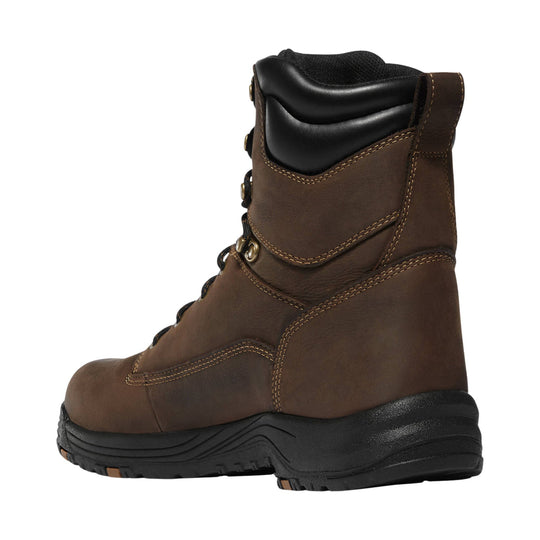 Brown lace-up work boot with black padded collar and thick black sole, side view