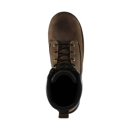 Brown lace-up work boot with black padded collar, viewed from above