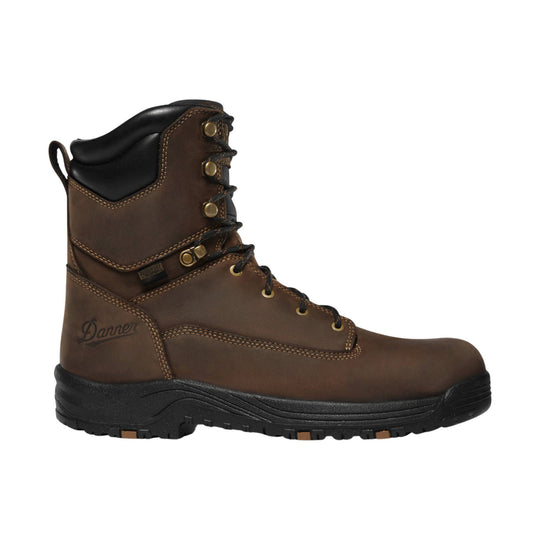 Brown lace-up work boot with black padded collar, brass eyelets, and black lug sole
