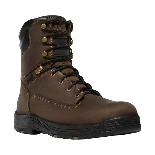 Brown lace-up work boot with black padded collar, brass eyelets, and black rubber toe and sole