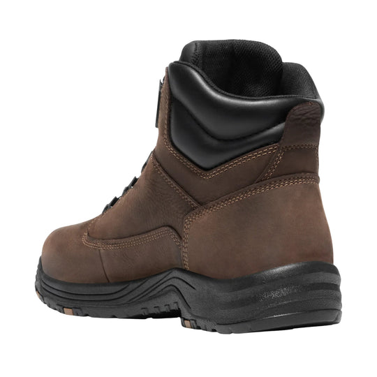 Brown leather work boot with black padded collar and thick treaded sole, shown from the back side