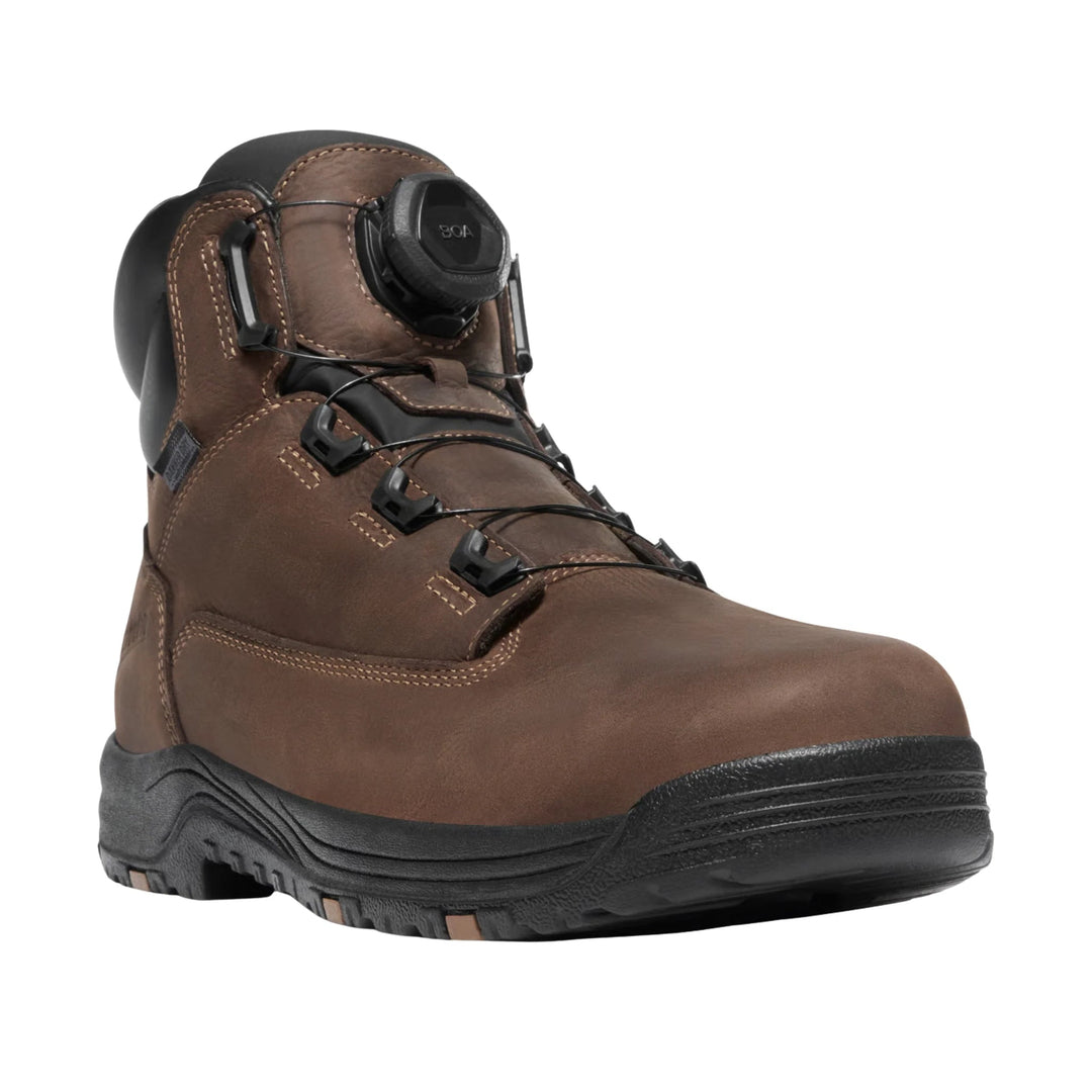 Brown leather work boot with black sole, BOA dial closure, and black laces