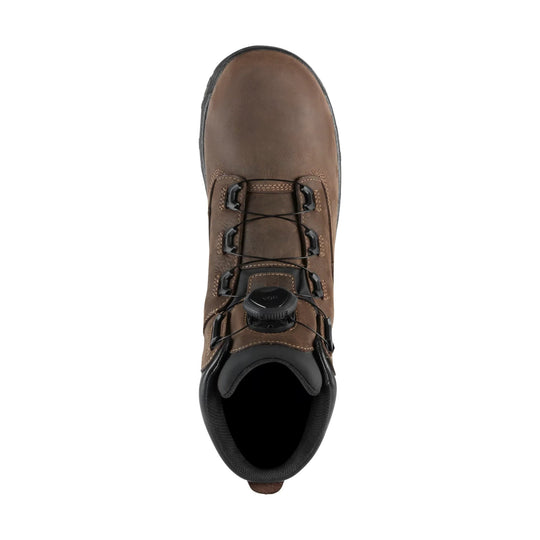 Brown lace-up work boot with black sole and BOA dial closure, top view