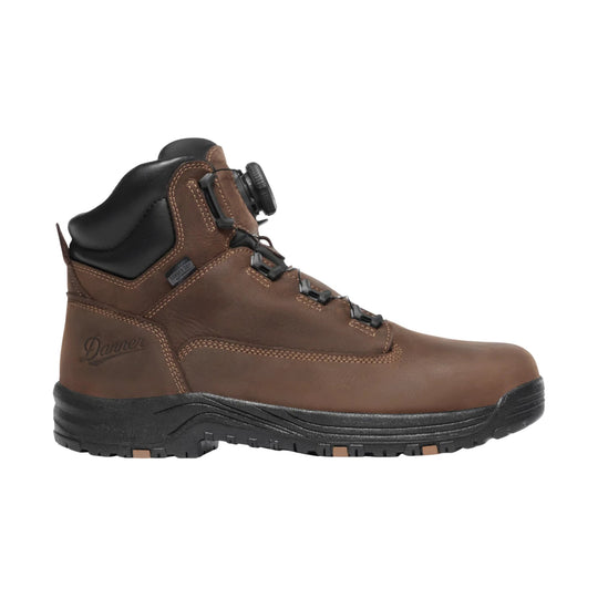 Brown leather work boot with black padded collar, BOA dial closure, and rugged black sole