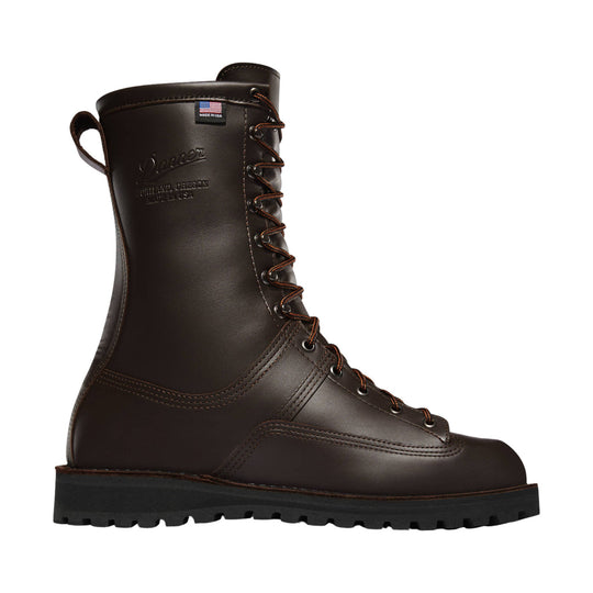 Dark brown lace-up insulated work boot with black lug sole and rear pull loop