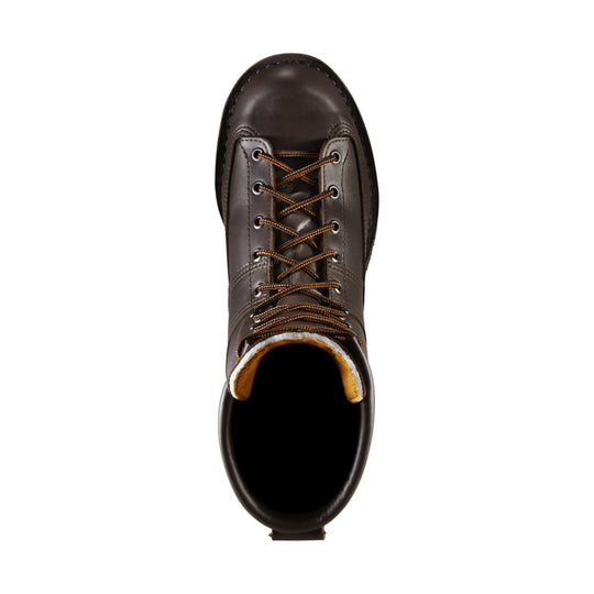 Brown leather lace-up hunting boot with a padded collar and round toe, viewed from above