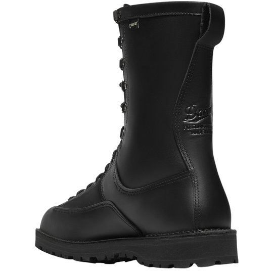 Black tall lace-up work boot with a rubber sole and side zipper, shown in side profile