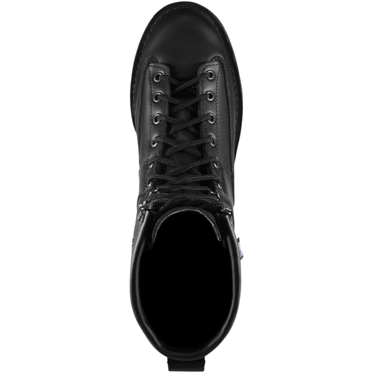 Black leather lace-up work boot viewed from above