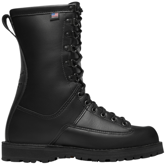 Black lace-up work boot with padded collar and thick lug sole, shown in side view, with a small "MADE IN USA" tag