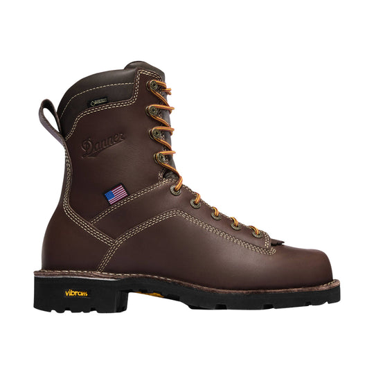 Brown lace-up work boot with padded collar, GORE-TEX tag, and black Vibram outsole