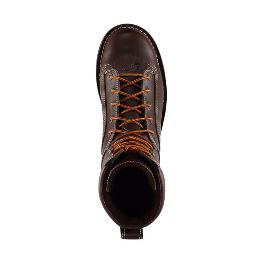 Brown leather lace-up work boot viewed from above