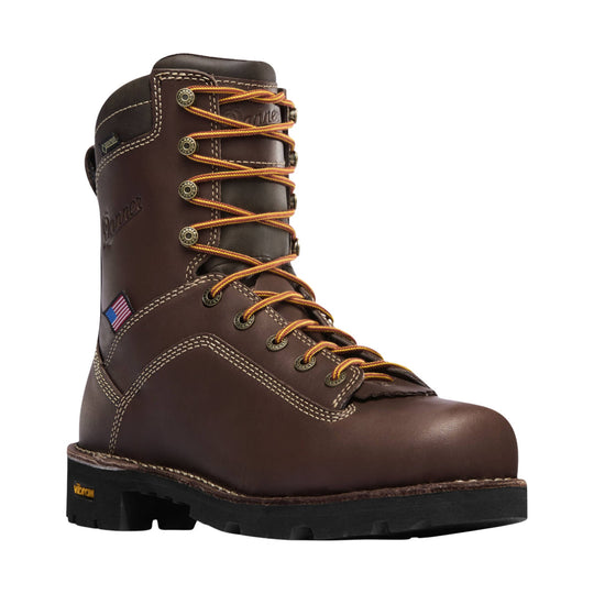 Brown leather lace-up work boot with yellow laces, black lug sole, and side logo patch