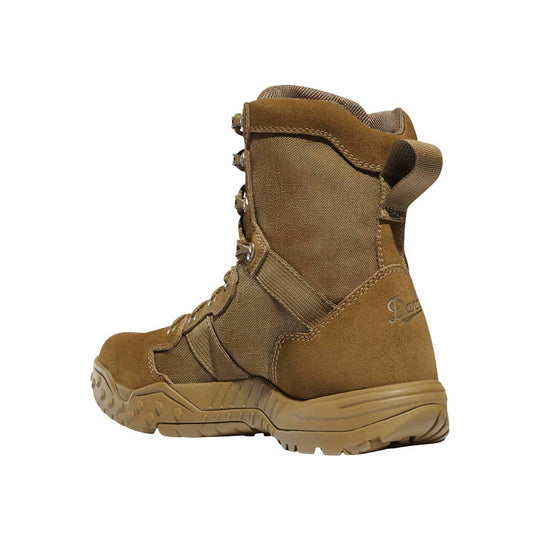 Tan tactical-style lace-up boot with rugged lug sole and side pull loop