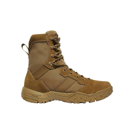 Tan tactical-style lace-up combat boot with side pull loop and rugged tread
