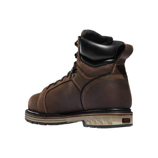 Brown leather work boot with black padded collar and thick treaded sole