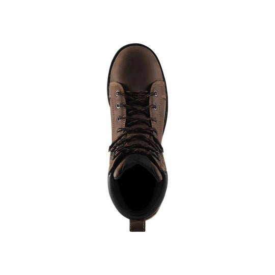 Brown lace-up work boot with black toe and collar, seen from above