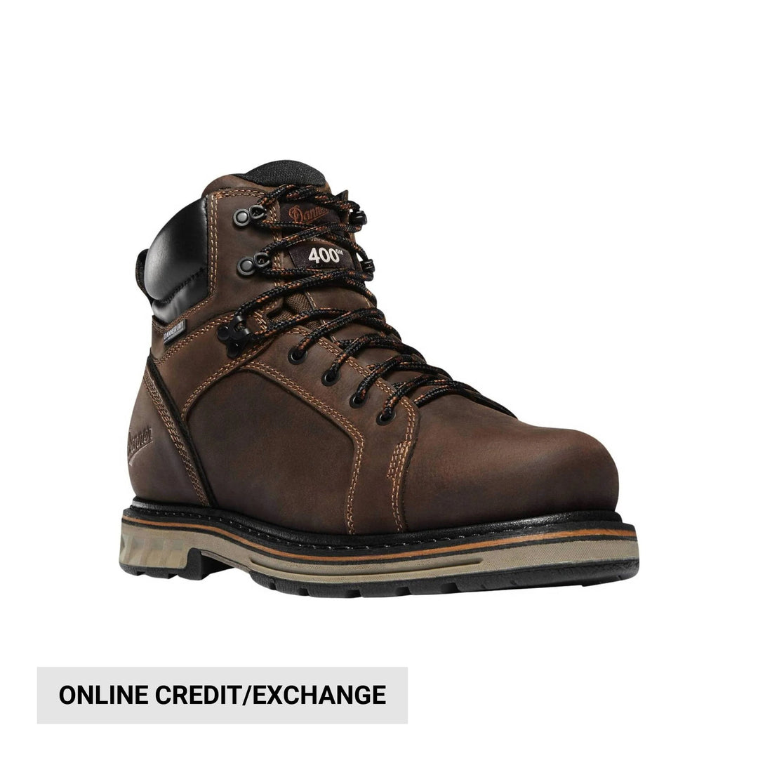 Brown leather work boot with black padded collar, hiking-style laces, and a rugged treaded sole