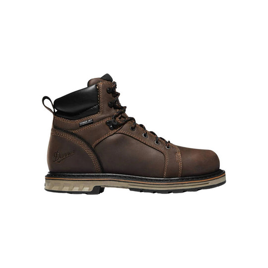 Brown leather lace-up work boot with black padded collar and rugged sole, side view