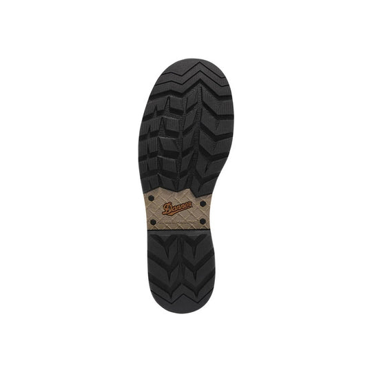 Black boot outsole with deep tread and tan midfoot panel labeled Danner
