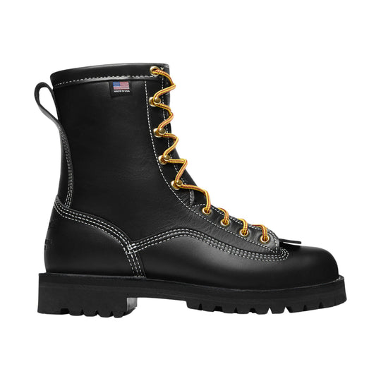 Black lace-up work boot with yellow-and-red laces, white stitching, and thick lug sole