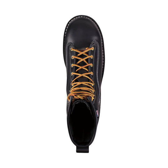 Black lace-up work boot with yellow and red laces and white contrast stitching, top view