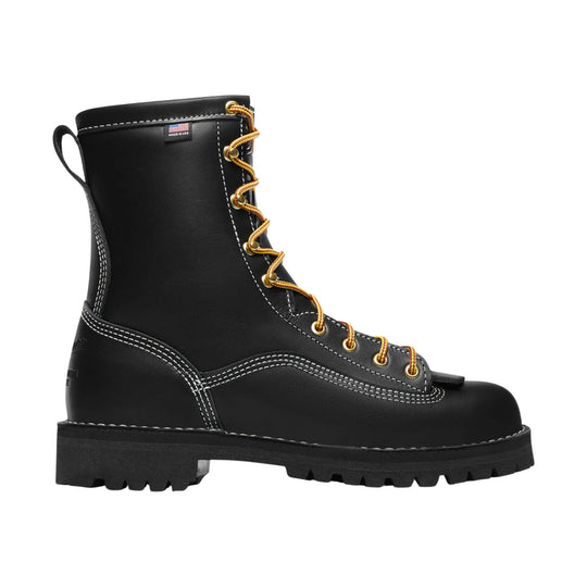 Black lace-up work boot with yellow laces, white stitching, and a thick lug sole