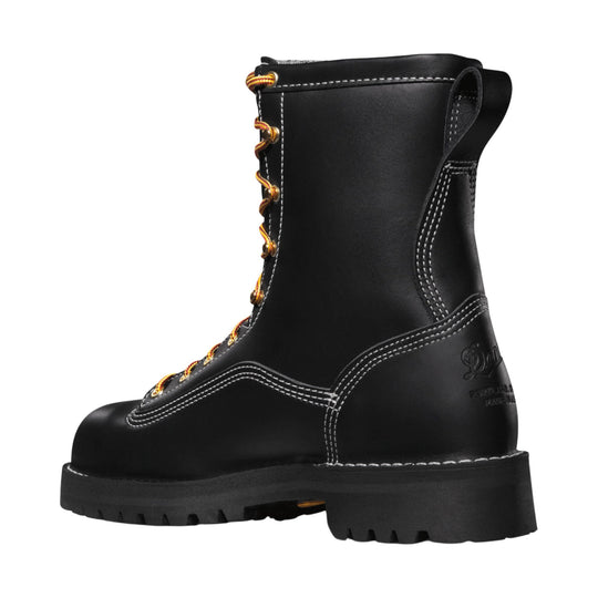 Black lace-up work boot with white stitching and lug sole, side view