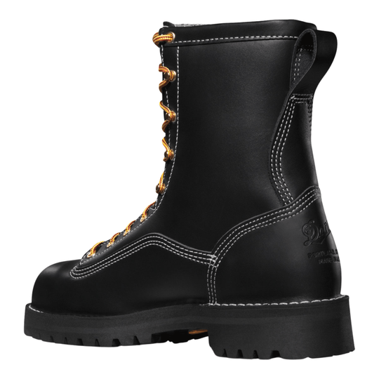 Black lace-up work boot with white stitching, yellow laces, and a thick lug sole